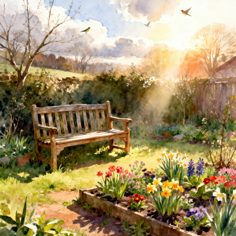 «Spring Garden Bench», art mural sur toile tendue, 30"W x 30"H x 1.5"D