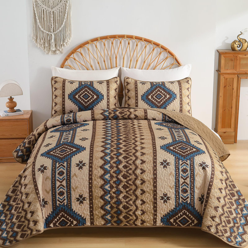 Boho Quilt Set King Size,3 Pieces Aztec Texture Bedspread Brown Southwestern Coverlet Set Soft Lightweight Bed Cover For All Season Microfiber Bedding With 2 Pillowcases(Brown,104"X90")