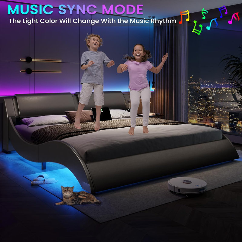Led Bed Frame With Charging Ports And Headboard Modern Low Profile Platform Bed Frame With Led Lights Wave Like Curve Led Bed Frame,wood Slats Support,easy Assembly,black