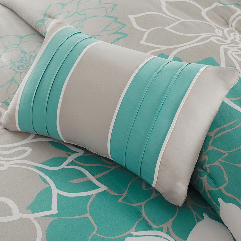 Édredon de literie - coton avec surdimensionné floral, jupe de lit, 3 coussins imprimés 200Tc, ornemental, Turquoise