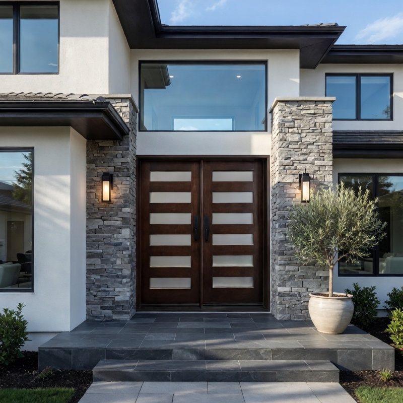 Porte d'entrée extérieure pré-montée en acajou prête à installer pour l'extérieur, Gauche, H 96 po x l 60 po x P 1,75 po