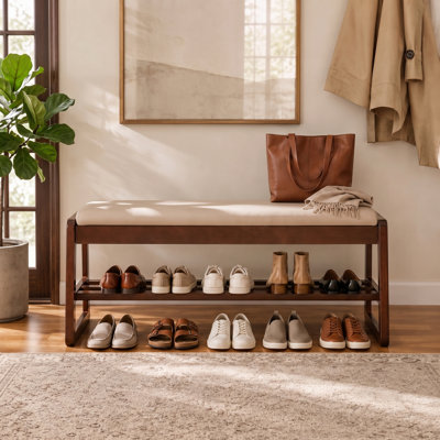 40 Inch Upholstered Reception Bench with Vegan Leather Seat and Open Storage Shelf