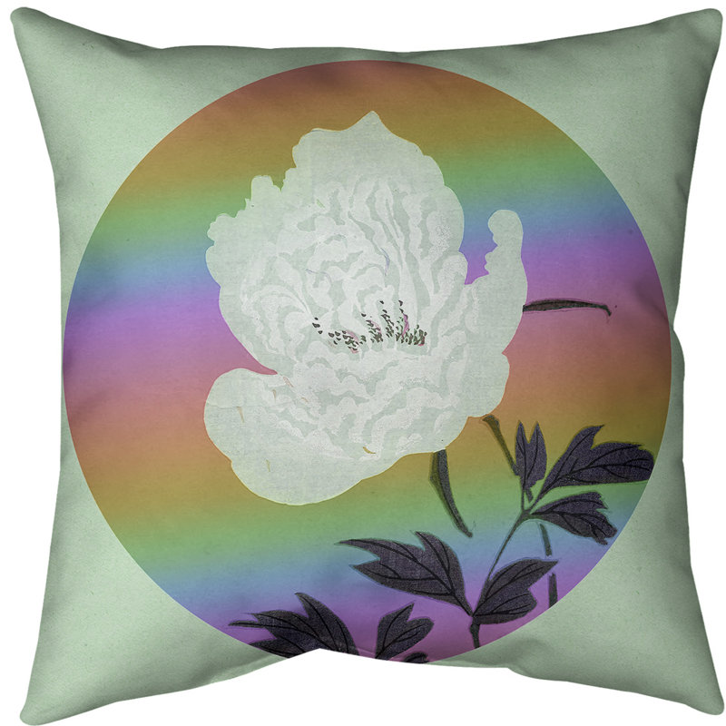 Housse de coussin de peinture pour fleur japonaise, 14 po x 14 po, Fleur verte / arc-en-ciel, Sergé de coton