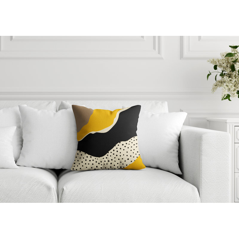 Coussin décoratif intérieur / extérieur en polyester filé Toni, 17 po x 17 po, Jaune / blanc cassé / beige / noir