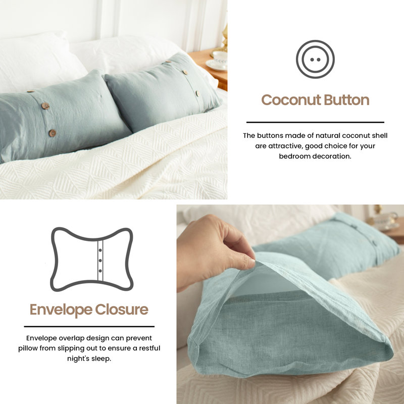 100% Linen Lumbar Pillow Cover 12 X 20 Inch Set Of 2 Rectangular Decorative Pillow Cover With Vintage Triple Coconut Button