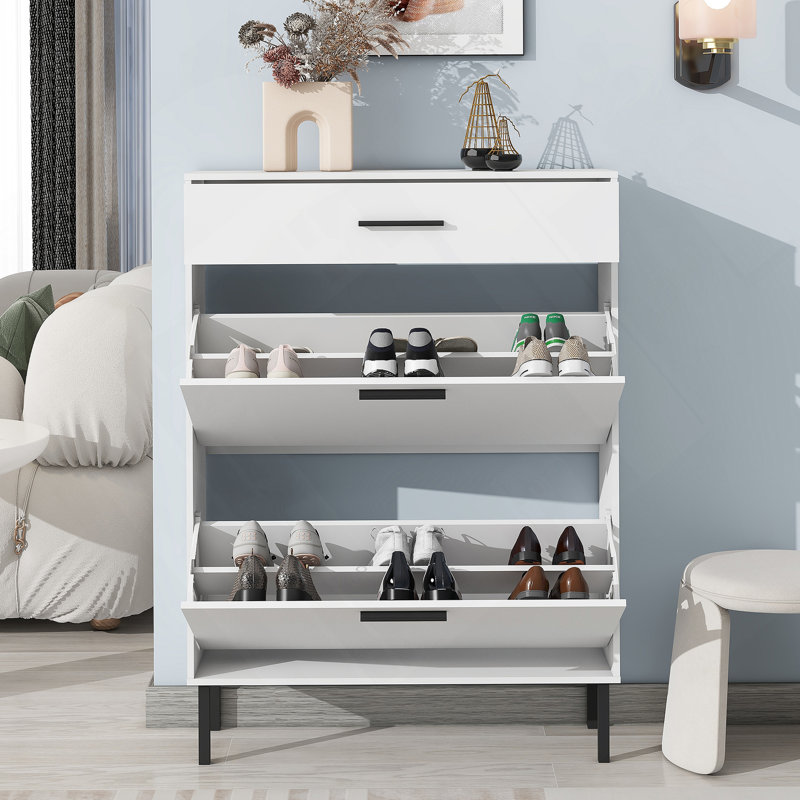 Armoire à chaussures moderne et multifonctionnelle avec 2 tiroirs rabattables, rangement pour chaussures autoportant, Blanc