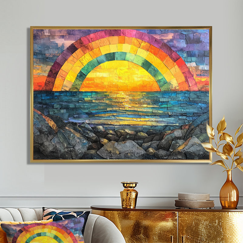 Coastal Rainbow Over The Rocky Shoreline - Art mural arc-en-ciel, H 34 po x l 44 po, Cadre flottant doré
