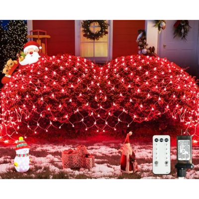 Filet de Noël rouge pour l'extérieur, 360 DEL, 12 pi x 5 pi, à brancher | Arbre de Noël, lumières de filet en filet, lumières de brousse, 8 modes avec télécommande, fil transparent, connectable
