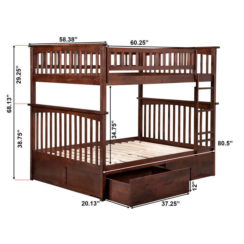 Lit superposé en bois massif avec tiroirs de rangement Flinn, Double sur double, Walnut