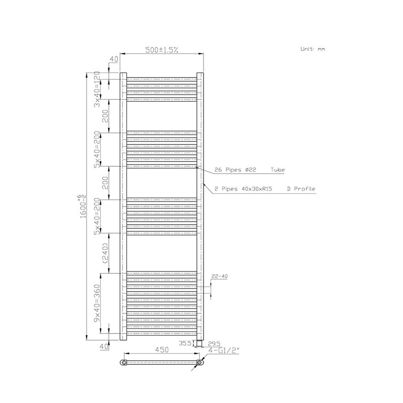 Straight Towel Rail Heated Towel Rails, Chrome, 160cm H x 50cm W x 3cm D