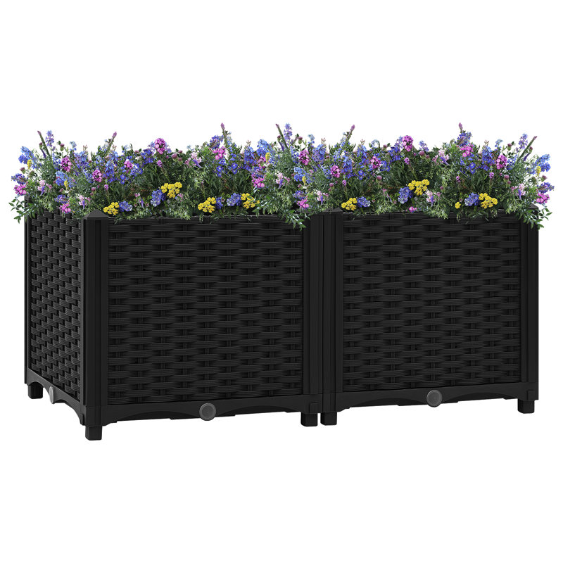 Bac à fleurs surélevé avec jardinière en rotin, 1, H 15 po x l 31,5 po x P 15,7 po, Noir, noir, noir, noir