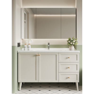 French Cream Style Rubber Wood Bathroom Vanity with Ceramic Sink & Mirror Cabinet