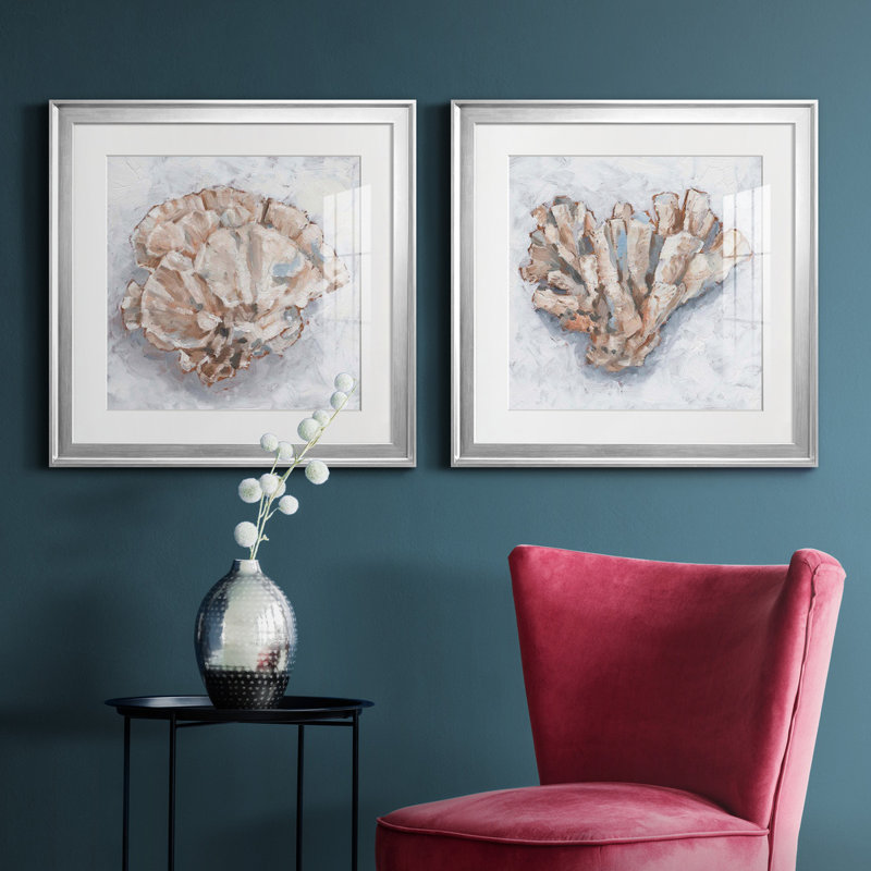 Coral Show III - ensemble de 2 peintures encadrées, H 17,5 po x l 35 po x P 1,5 po, Papier avec cadre argenté, Blanc