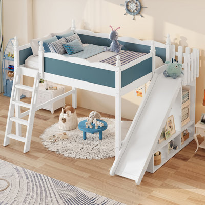 Lit mezzanine double avec tablettes de rangement et armoire, lits mezzanine en bois massif avec glissières amovibles et échelles, aucune boîte à ressorts nécessaire