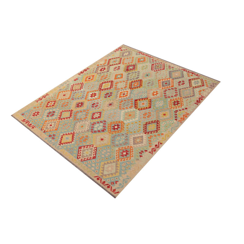 Tapis rouge / beige / bleu à motif géométrique en laine tissé à plat Rectangle 9 pi 1 po x 12 pi 3 po Bronwood