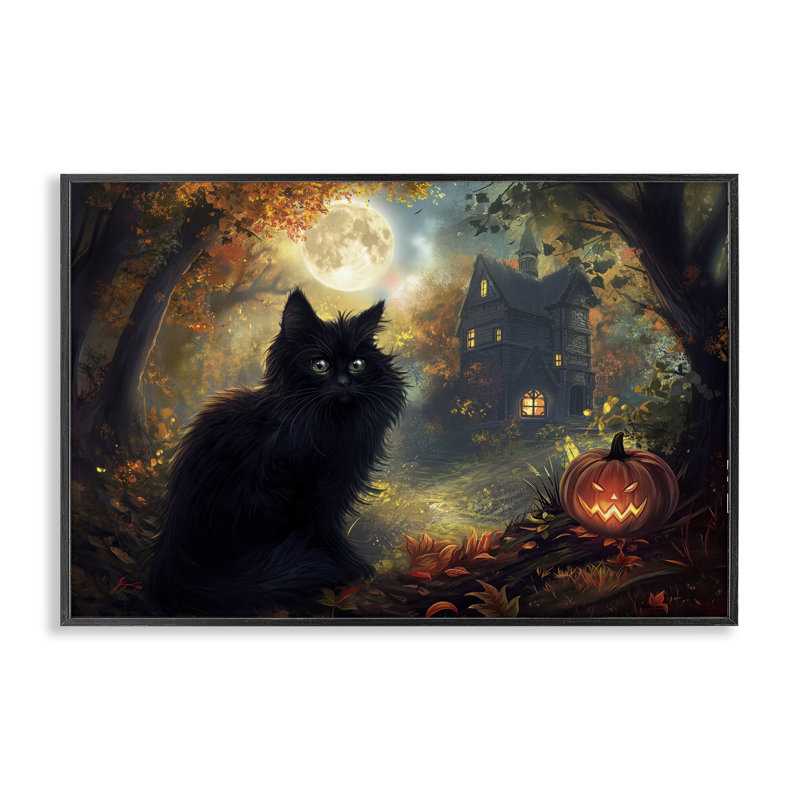 Giclée encadrée Black Cat & Haunted Mansion, design par Wumples, H 20 po x l 30 po, Giclée encadrée noir minuit