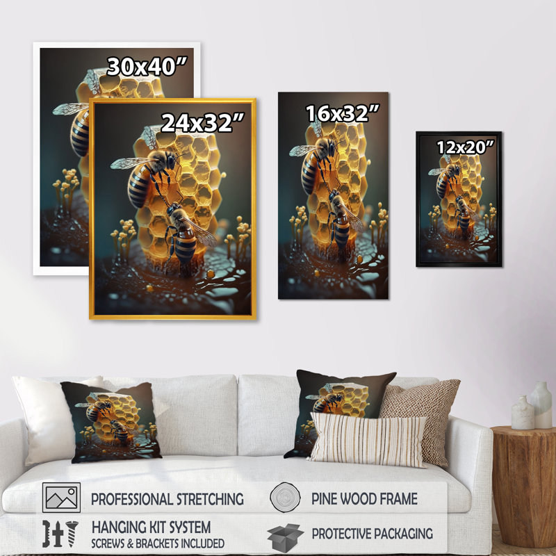 Honey Bees - reproduction sur toile, H 32 po x l 16 po x P 1 po, Impression noire sur toile encadrée