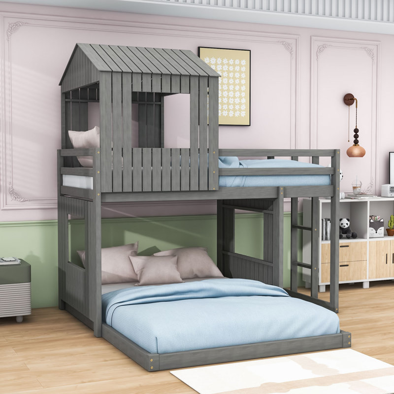 Lit superposé simple au dessus d'un lit double avec maisonnette de style campagnard et échelle, Gris antique