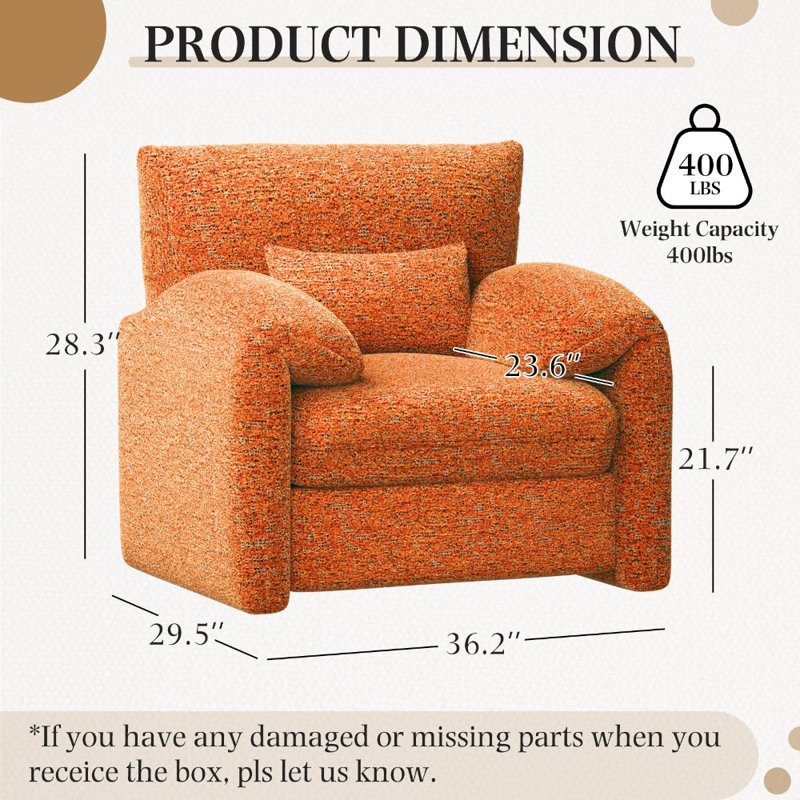 Fauteuil surdimensionné avec accoudoirs confortables Mid-Century, Chenille orange
