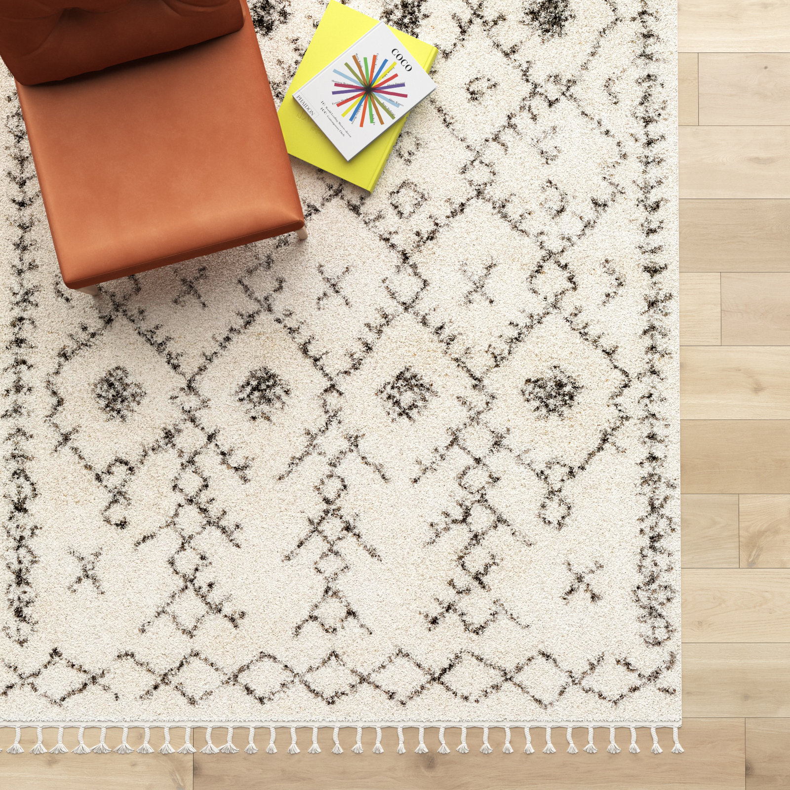 Mossy Charcoal Beige Moroccan Rug, Rectangle 5'3" x 7'3"