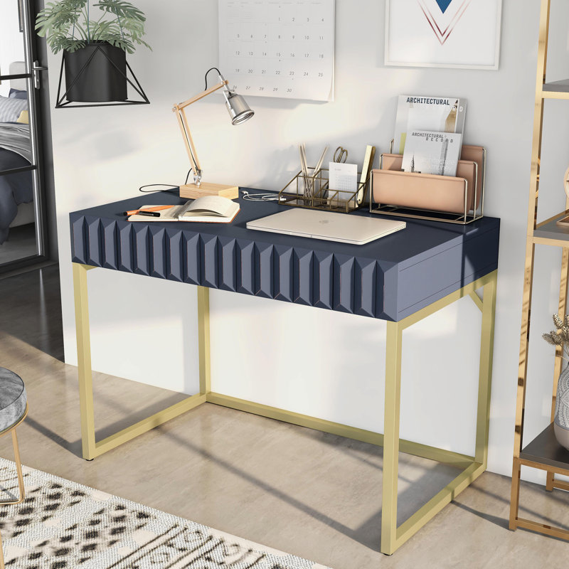 Livengood 42"W x 30.5"H Metal Base Writing Desk with Power Outlet, Blue/Gold