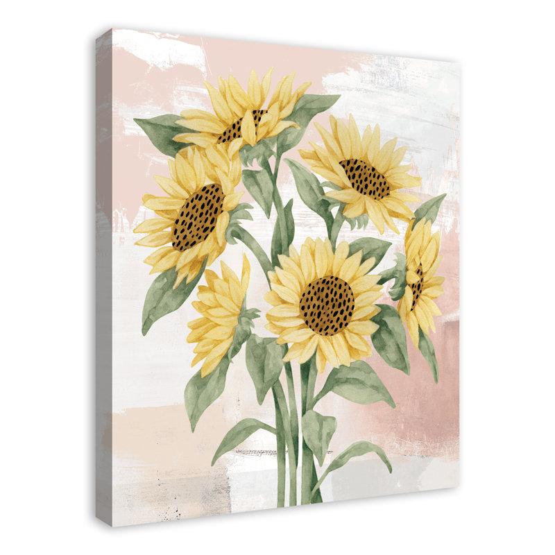 Tournesols sur fond rosé - peinture, Toile tendue, H 30 po x l 24 po x P 1,25 po
