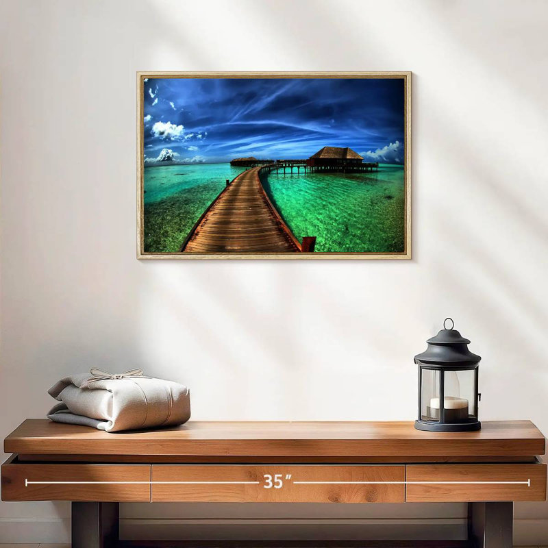 Maldives Bungalow Dock, 19" X 13", Floating Frame Natural Wood