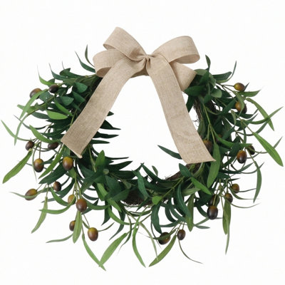 15.7 Inch Artificial Olive Wreath For Front Door, Faux Greenery Wreath With Burlap Bow & Olives
