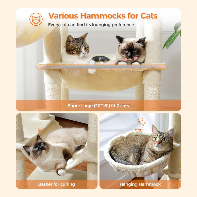 Beige 69" Tall Cat Tree with Hammocks and Scratching Posts