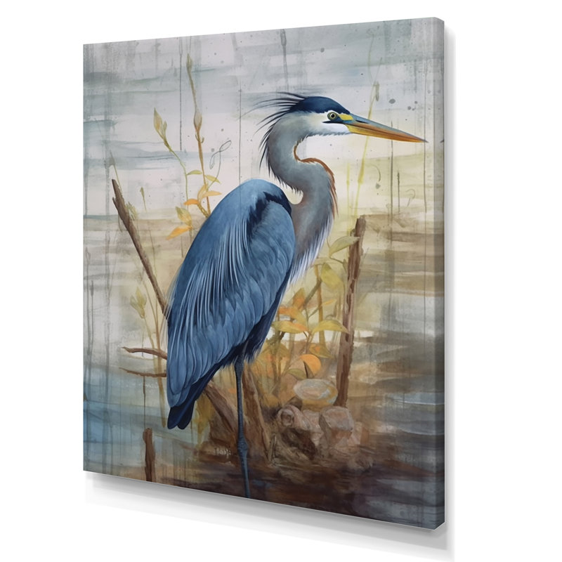 «Blue Heron By The Watersite Watercolor I», art mural oiseau, H 40 po x l 30 po x P 1,5 po, Toile tendue