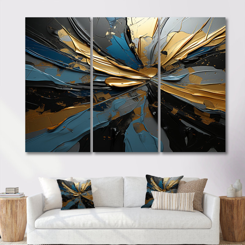 «Abstract Waves Blue Gold Outburst», ensemble de décorations murales abstraites, H 28 po x l 36 po x P 1 po, Toile tendue