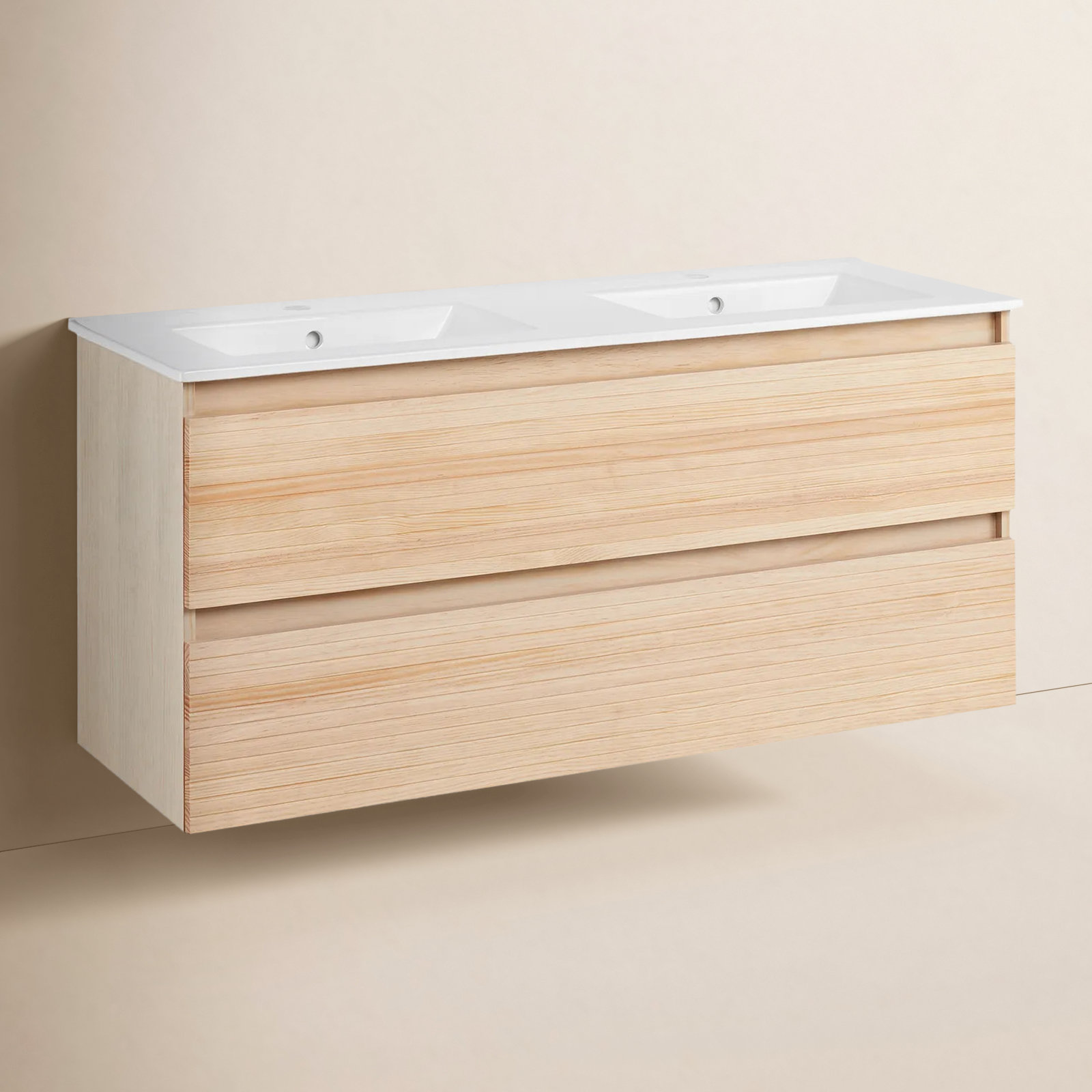 Kiah 48" Wall-Mounted Double Bathroom Vanity, Light Oak