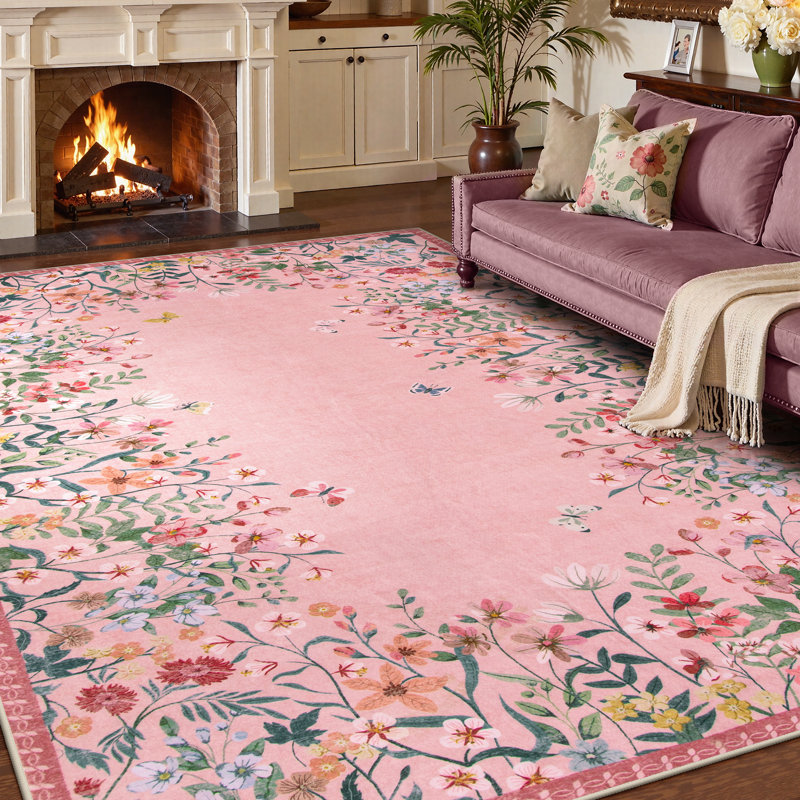 Tapis rose 8 x 10 à motif floral lavable rétro avec envers antidérapant - Tapis ultra mince et durable pour la décoration de salon, de chambre à coucher, de salle à manger ou de bureau
