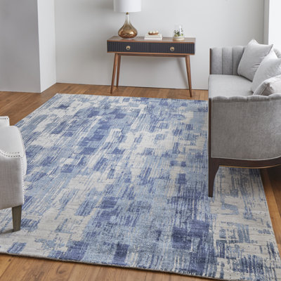Tapis abstrait en viscose tissé à la main bleu / ivoire