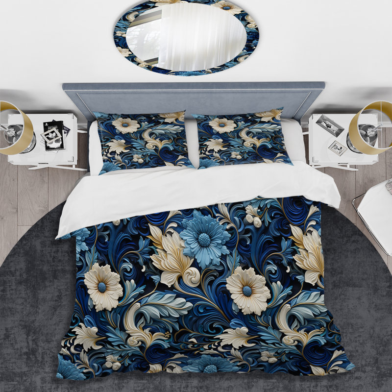 Ensemble de housse de couette motif à volutes bleues à volutes bleues, Housse de couette pour grand lit et 2 taies décor