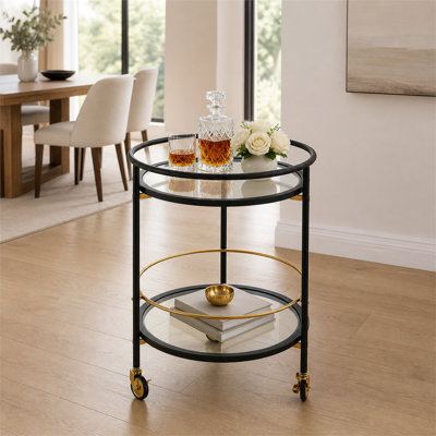 32-Inch Modern Round Bar Cart: Tempered Glass Shelves with Elegant Gold Accents – Mobile Home Bar and Serving Cart