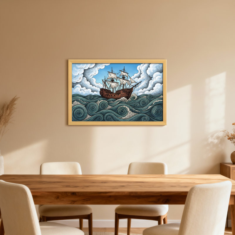Un bateau navigue à travers les vagues de l'océan orageux, H 12 po x l 18 po, Cadre photo unique, Grain de bois clair