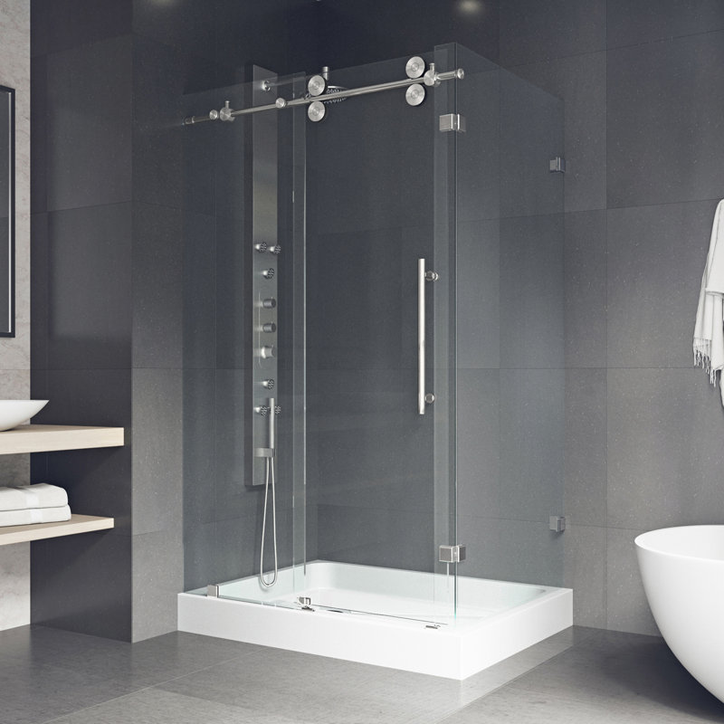 Winslow 48" W x 36" D x 80" H Sliding Frameless Shower Enclosure with 3/8  Clear Glass&Base, Stainless Steel, Left