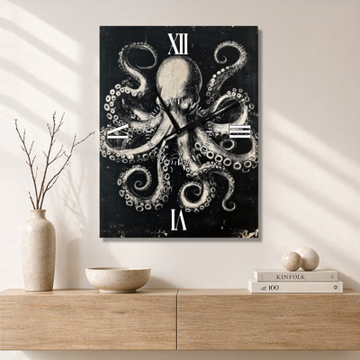Horloge murale en métal noir de style nautique, imprimée sur métal, représentant une pieuvre dans Silver Shadow I