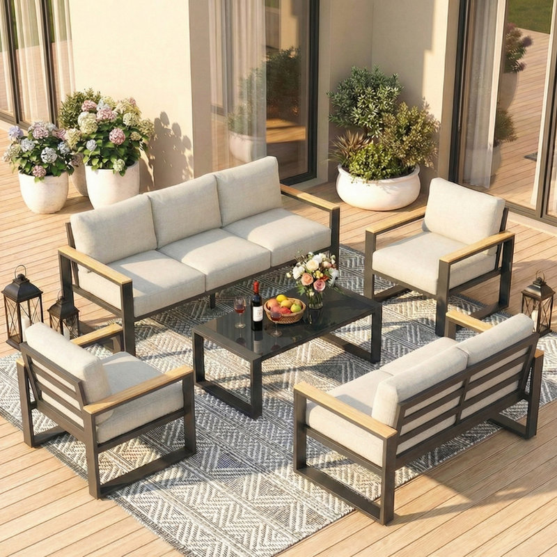 All Aluminum Outdoor Furniture Set for all Weather, 7-Person Patio Furniture Set with Wood Armrest for Skin-friendly Touch, 5-Piece Patio Conversation Set with Removable Cushion