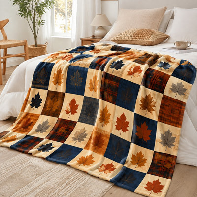 Cozy Plaid Maple Leaf Throw Blanket, Warm Fleece Bedding for Sofa, Couch, Living Room, Bedroom, Home Decor