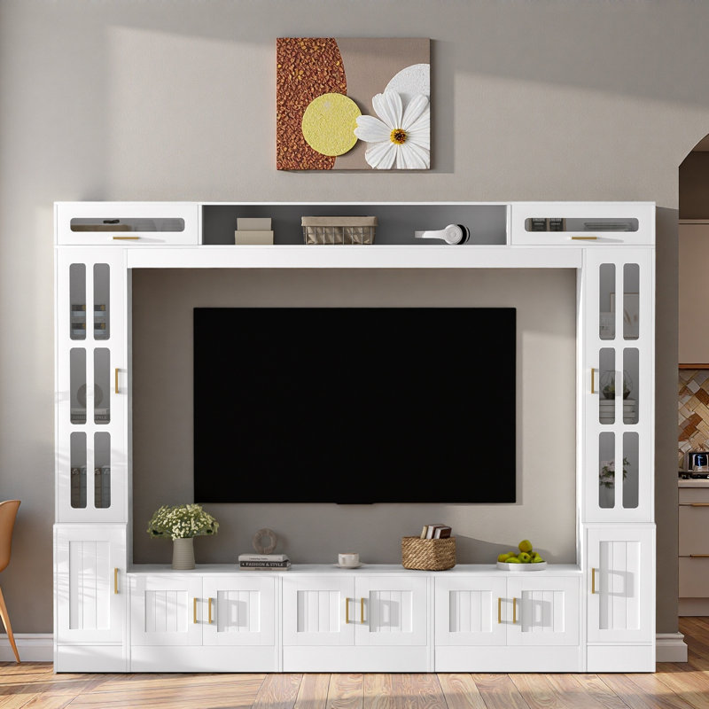 Meuble télé mural avec armoires, portes en verre trempé et tablettes réglables, Blanc