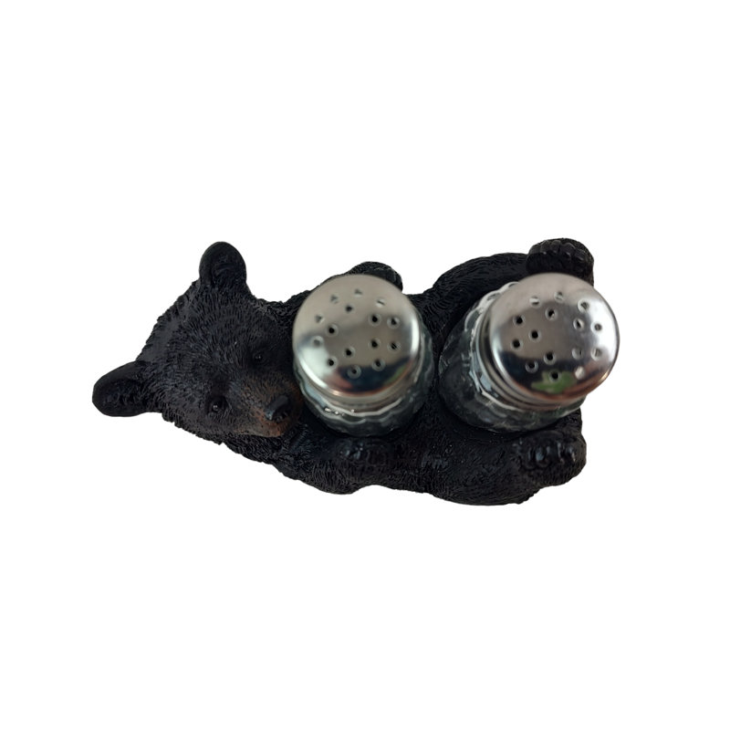 Rustic Black Bear Cub Polyresin Salt and Pepper Shaker Holder Set
