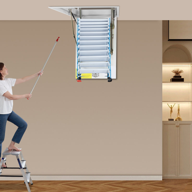 12 Steps Pull Down Folding Attic Stairs Ceiling Mounted With Pull Rod 661LB, White/Blue