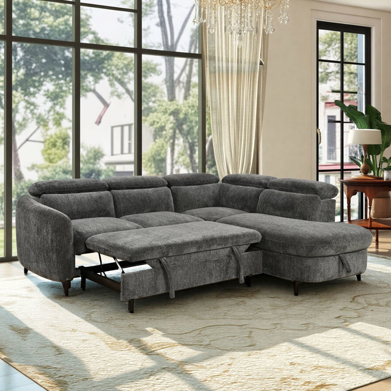 98''Wide Square Arm Sleeper Sofa 2 In 1 Convertible Sleeper Sofa Bed With Srorage Chaise And Pull Out Bed, Dark Gray