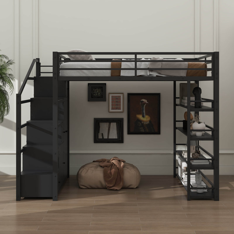 Grand lit mezzanine en métal avec unités de rangement, lit avec armoires intégrées et garde-robe