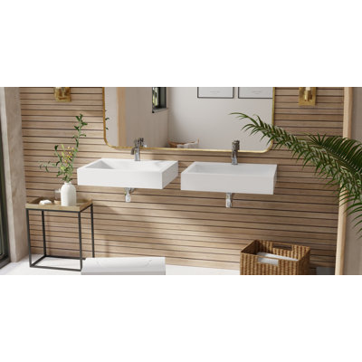 Badeloft 23.6" x 18.8" Rectangular Stone Resin Wall Mounted Bathroom Sink with Overflow WT-06-M-G in Glossy White
