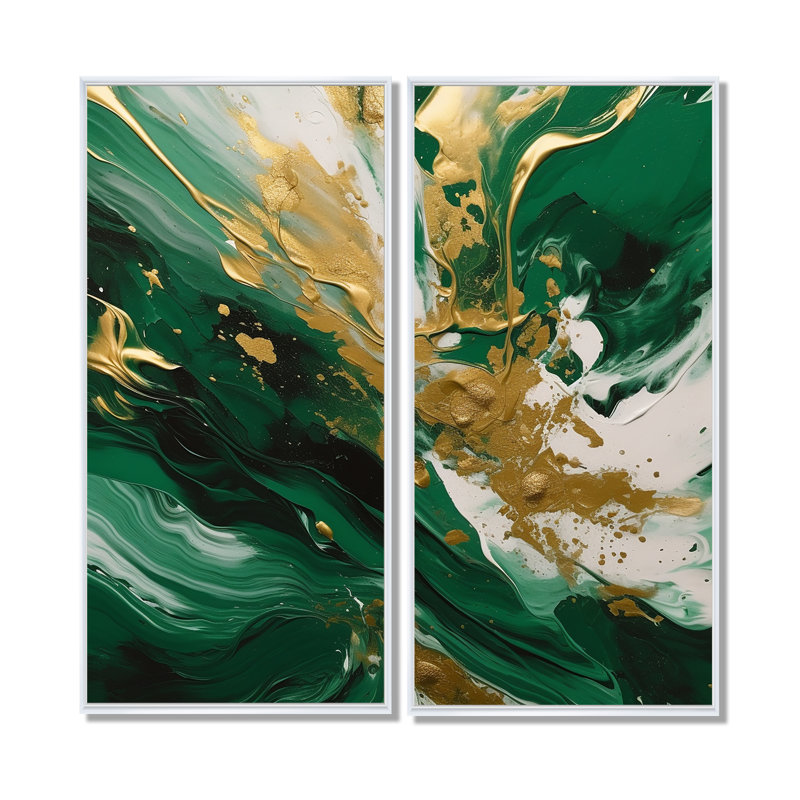 Vert et or Cascade sereine II - Grandes impressions abstraites sur toile, 2 panneaux, H 32 po x l 32 po, Blanc