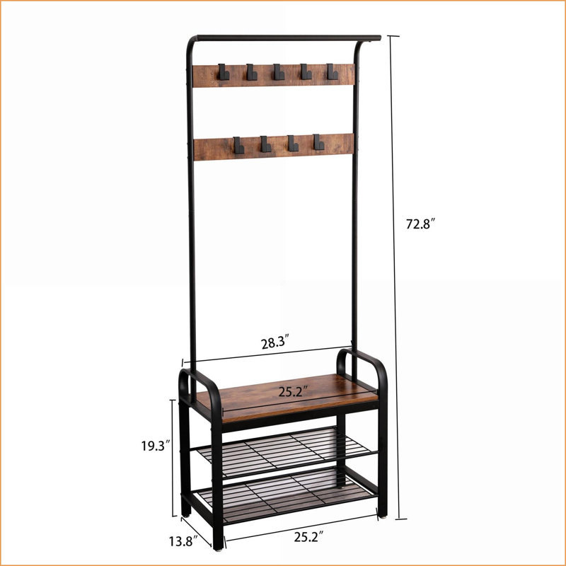 Portemanteaux, portemanteau brun rustique 4-en-1 avec banc à chaussures, 9 crochets, tringle suspendue, 13,8 x 25,2 x 72,8 po | Brun | Bois aggloméré + métal
