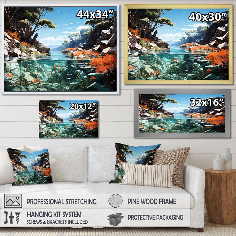 Corail et anémone, impression sur toile, Cadre naturel flottant, H 30 po x l 40 po x P 1,5 po